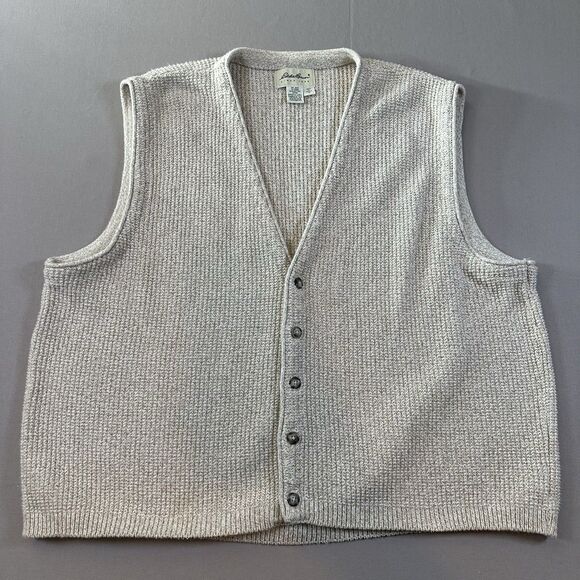 VTG 90s Eddie Bauer Cardigan Sweater Vest Men’s XL Beige Waffle Knit Cotton USA - Picture 1 of 4